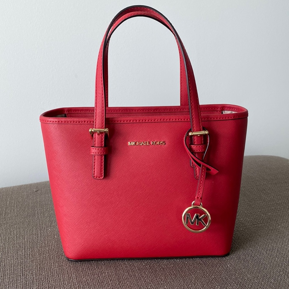 Michael Kors Jet Set Travel Extra-Small Saffiano Leather Top-Zip Red Tote Bag